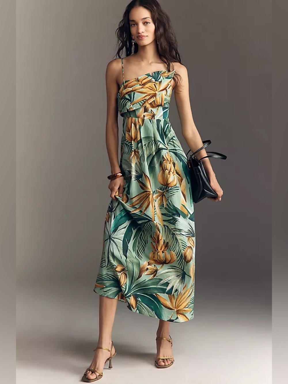 Farm Rio x Anthropologie Asymmetric Linen Blend Dress Bananas Green Medium